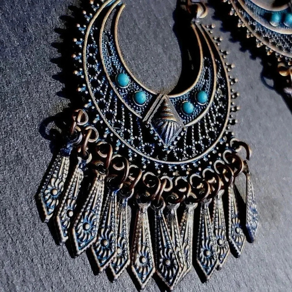 Antique Copper Verdigris Blue Green Patina Edgy Geometric Dangles Earrings - Picture 4 of 8